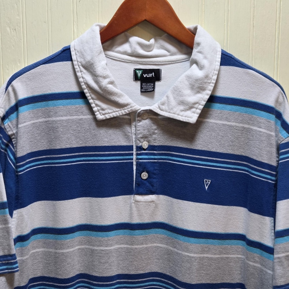 Vurt Polo Shirt Mens 2XL Blue Stripe 100% Cotton Short Sleeve Knit Casual Top